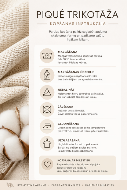 kokvilnas auduma pique kopšanas pamācība